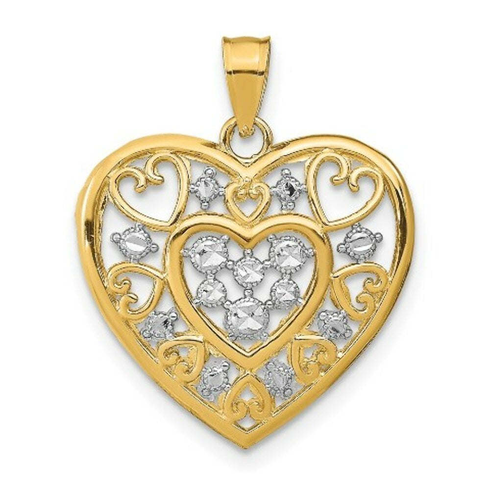 14K Yellow Gold with White Rhodium Cut-Out Filigree Heart Charm Pendant