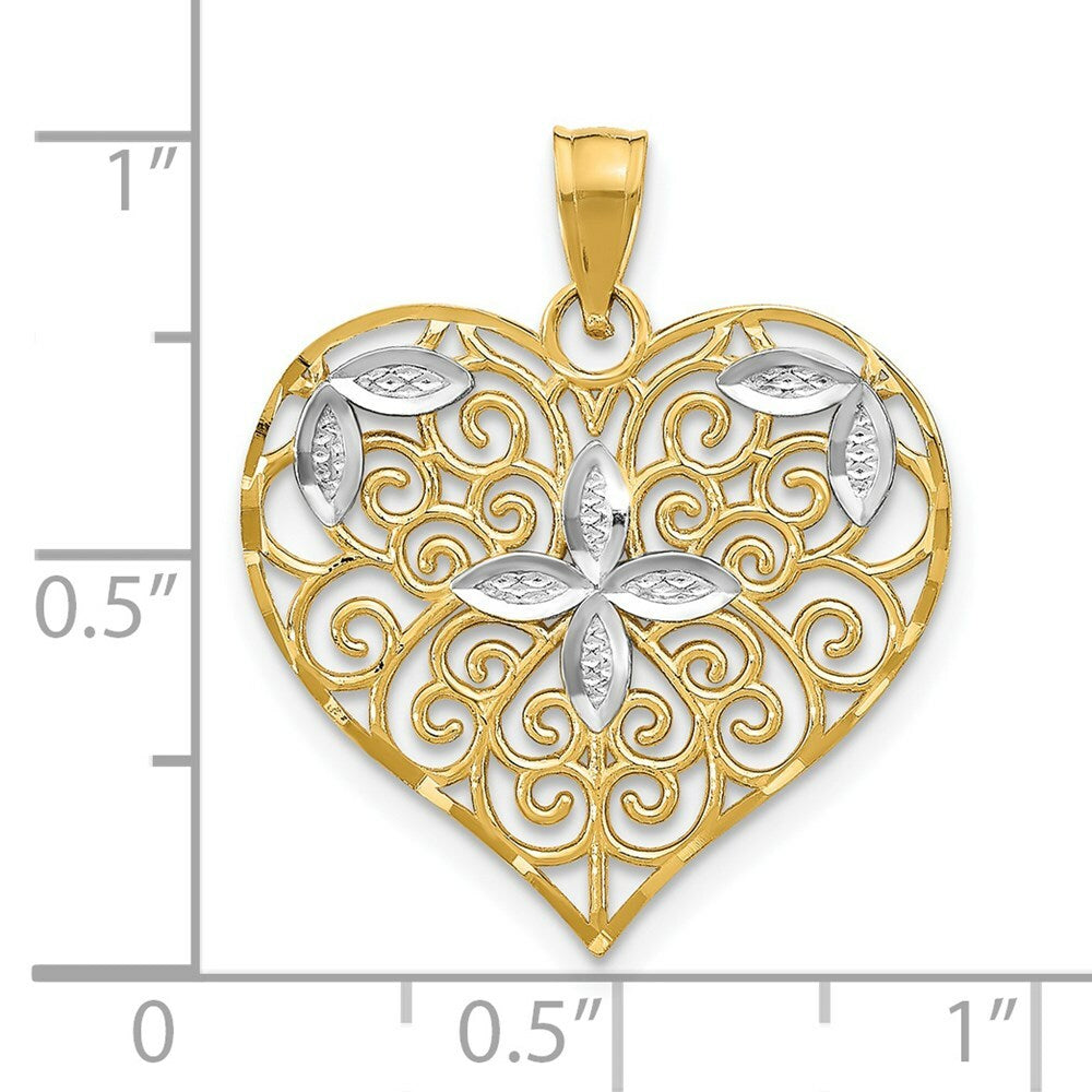 14K Yellow Gold with White Rhodium Cut-Out Filigree Flower with Heart Charm Pendant