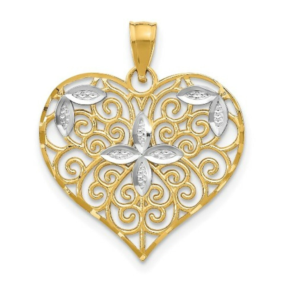 14K Yellow Gold with White Rhodium Cut-Out Filigree Flower with Heart Charm Pendant
