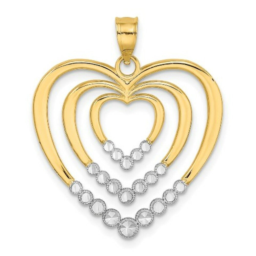 14K Yellow Gold with White Rhodium with Diamond-cut Polished Hearts Charm Pendant