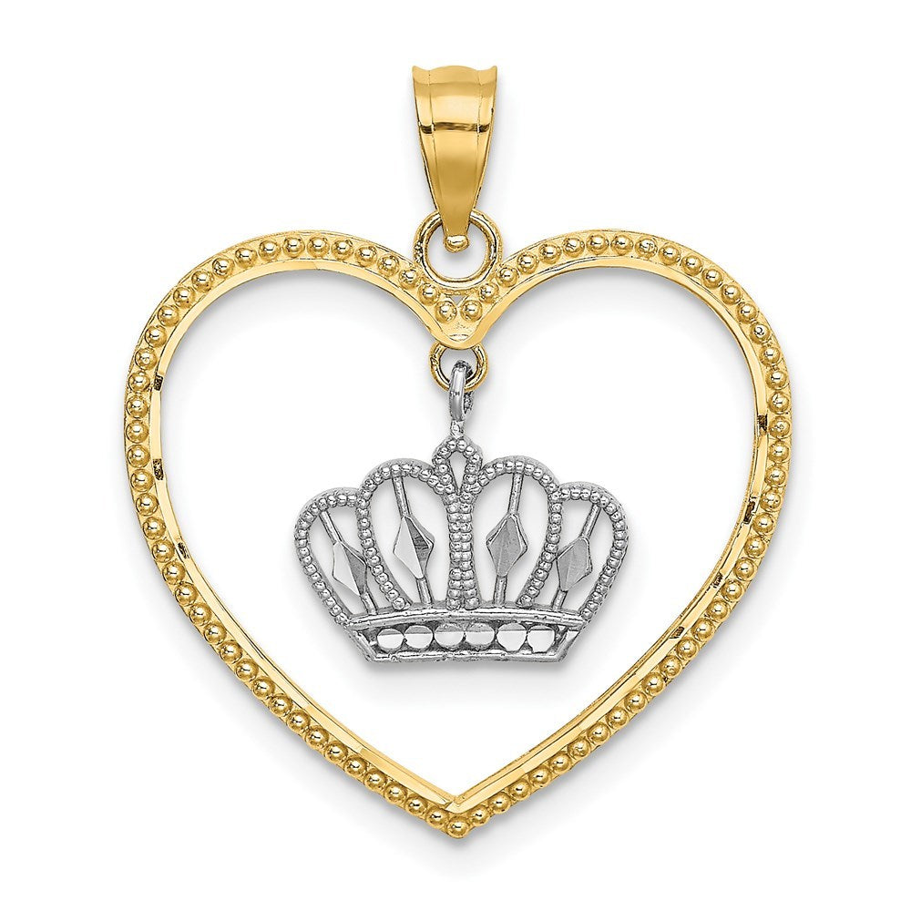 14K Two-tone Gold Beaded Heart Dangling Crown Charm Pendant