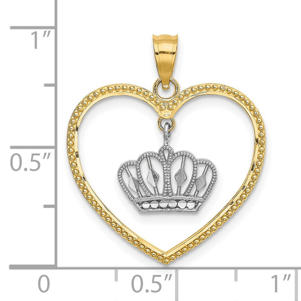 14K Two-tone Gold Beaded Heart Dangling Crown Charm Pendant