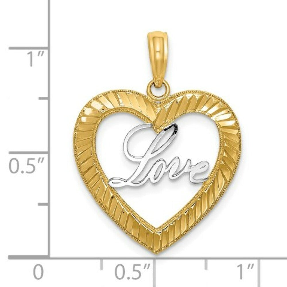 14K Yellow Gold with White Rhodium-Plated Diamond-cut Love Heart Charm Pendant
