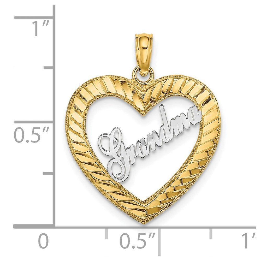 14K Yellow Gold with White Rhodium Diamond-cut Heart Frame Grandma Charm Pendant