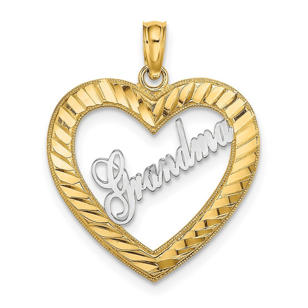 14K Yellow Gold with White Rhodium Diamond-cut Heart Frame Grandma Charm Pendant