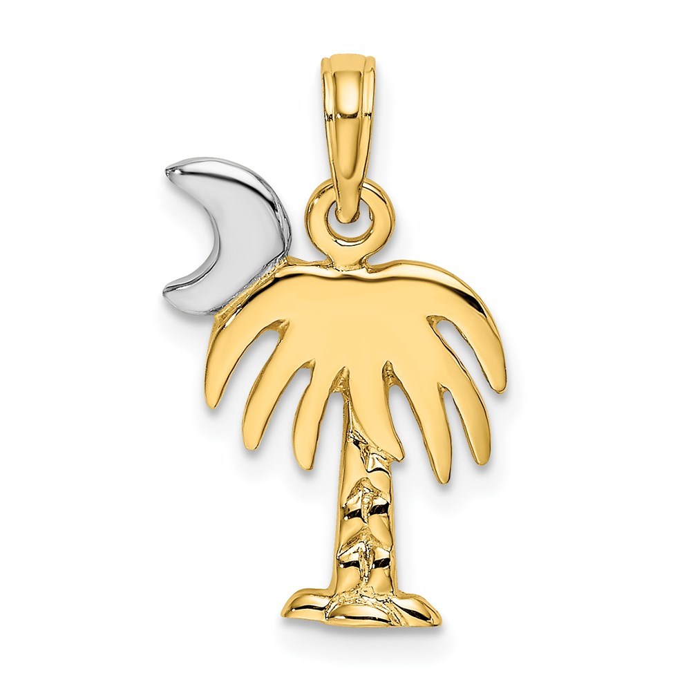 14K Yellow Gold with White Rhodium with Polished Charelston Palm Tree Charm Pendant