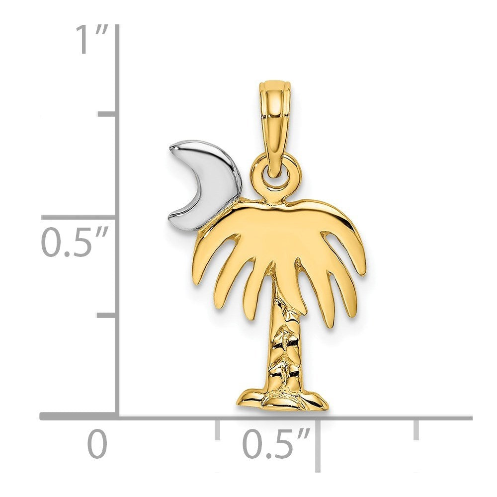 14K Yellow Gold with White Rhodium with Polished Charelston Palm Tree Charm Pendant