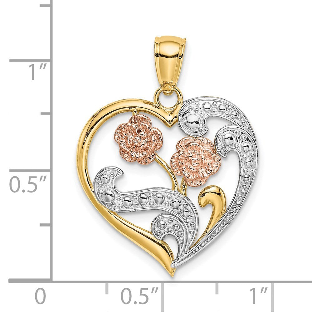 14K Tri-Color Gold Flower Heart Charm Pendant