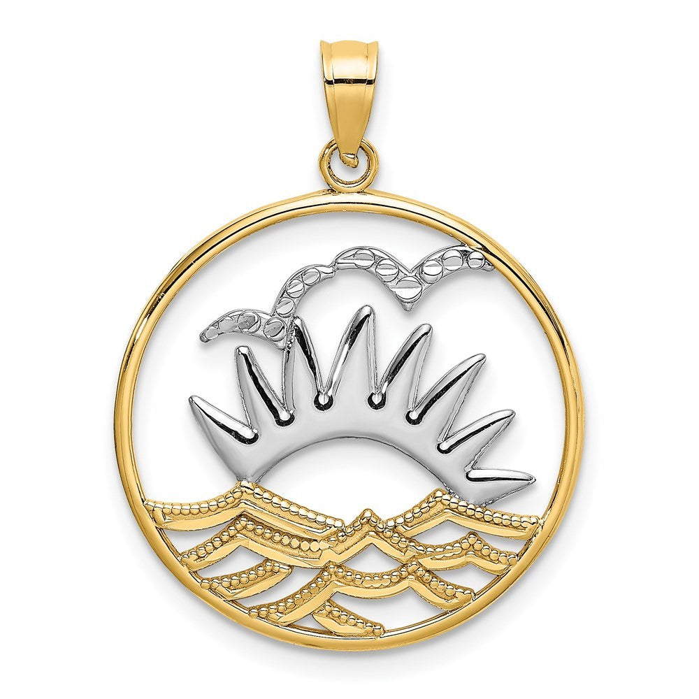 14k Yellow Gold and White Rhodium Sunset with water In Round Frame Charm Pendant