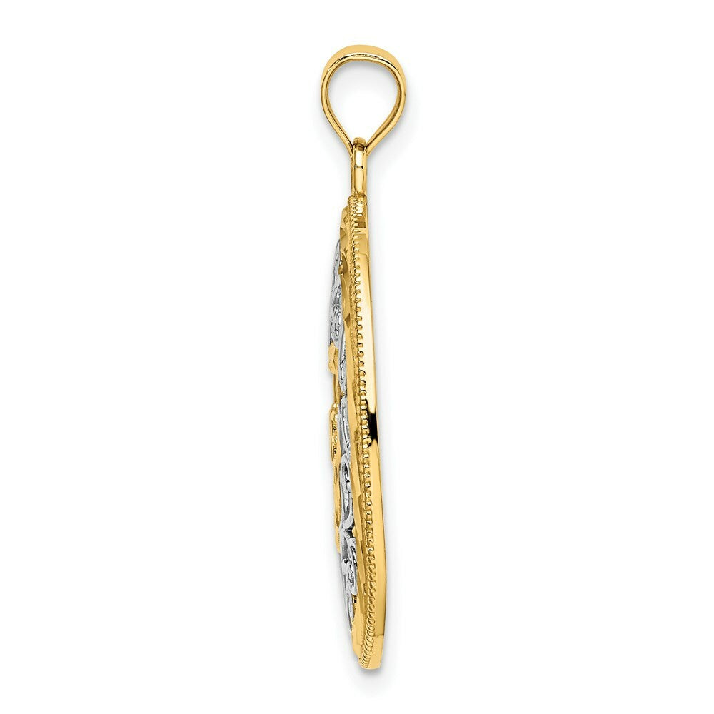 14K Yellow Gold with White Rhodium Love With Filligree Accent Inside Oval Frame Charm Pendant