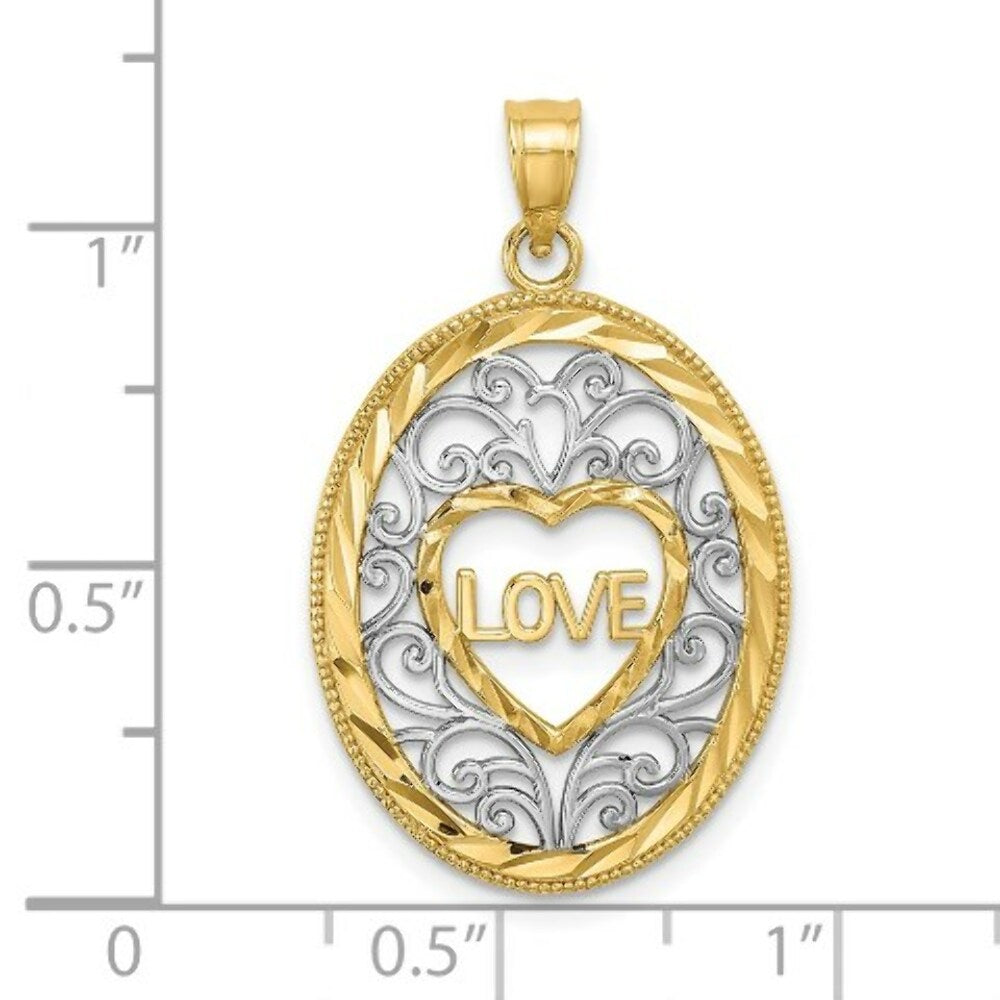 14K Yellow Gold with White Rhodium Love With Filligree Accent Inside Oval Frame Charm Pendant