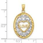 Load image into Gallery viewer, 14K Yellow Gold with White Rhodium Love With Filligree Accent Inside Oval Frame Charm Pendant
