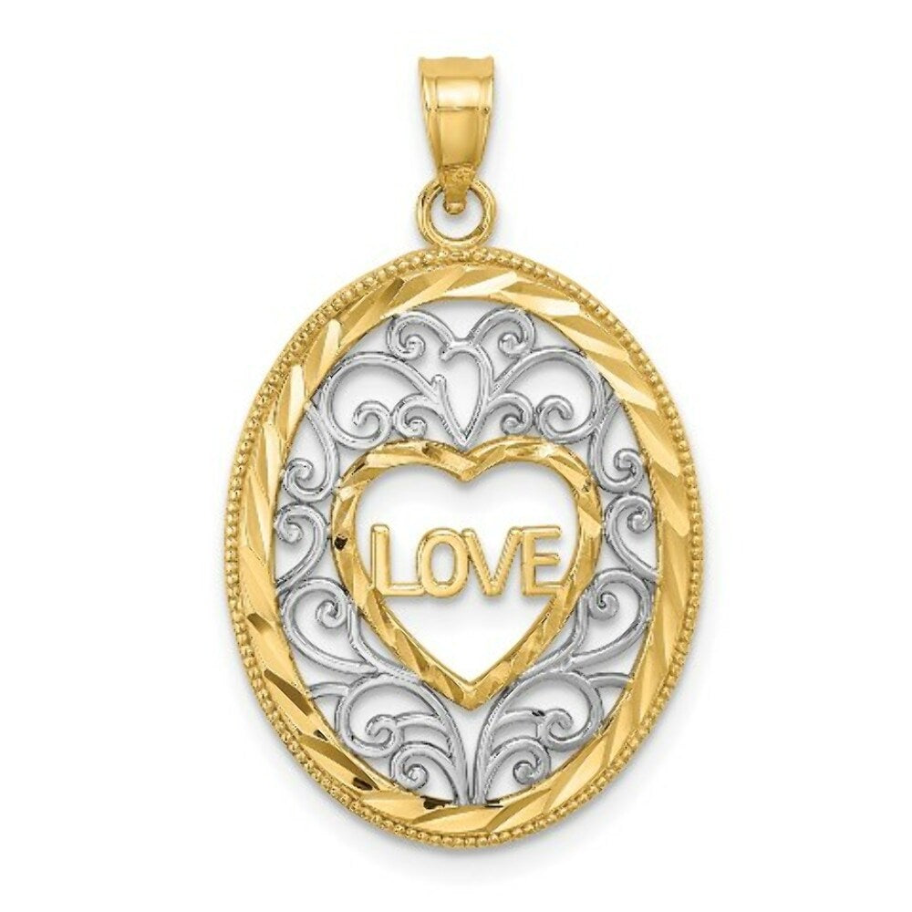 14K Yellow Gold with White Rhodium Love With Filligree Accent Inside Oval Frame Charm Pendant