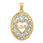 Load image into Gallery viewer, 14K Yellow Gold with White Rhodium Love With Filligree Accent Inside Oval Frame Charm Pendant
