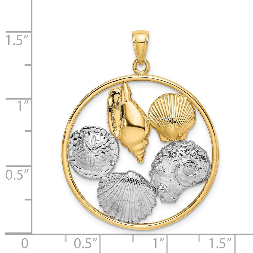14k Yellow Gold and White Rhodium SHELL CLUSTER In Round Frame Charm Pendant