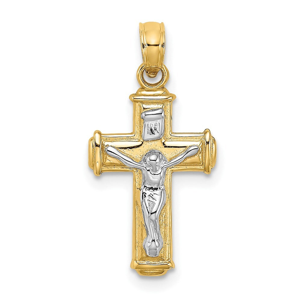 14K Two-tone Gold Polished Block Crucifix INRI Charm Pendant