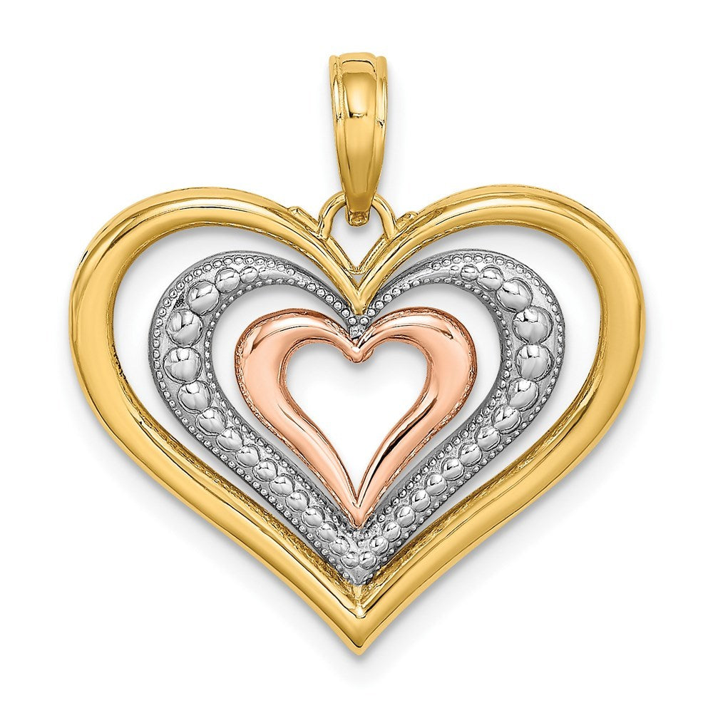 14K Tri-Color Gold Beaded & Polished Triple Hearts Charm Pendant