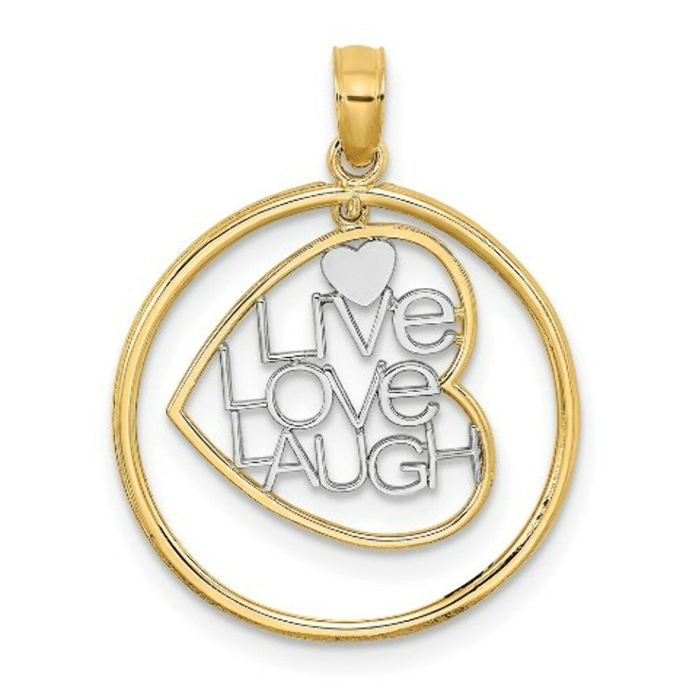 14K Yellow Gold with White Rhodium Live Love Laugh In Heart Dangling In Round Frame Charm Pendant