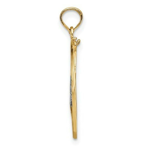 14K Yellow Gold with White Rhodium Live Love Laugh In Heart Dangling In Round Frame Charm Pendant