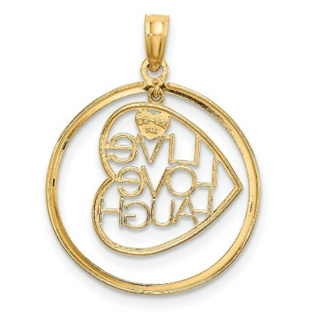 14K Yellow Gold with White Rhodium Live Love Laugh In Heart Dangling In Round Frame Charm Pendant
