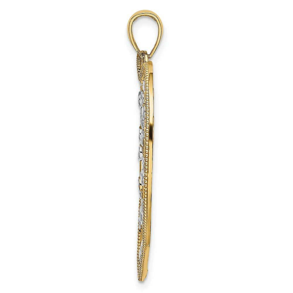 14K Yellow Gold with White Rhodium with Diamond-cut Beaded Heart Charm Pendant