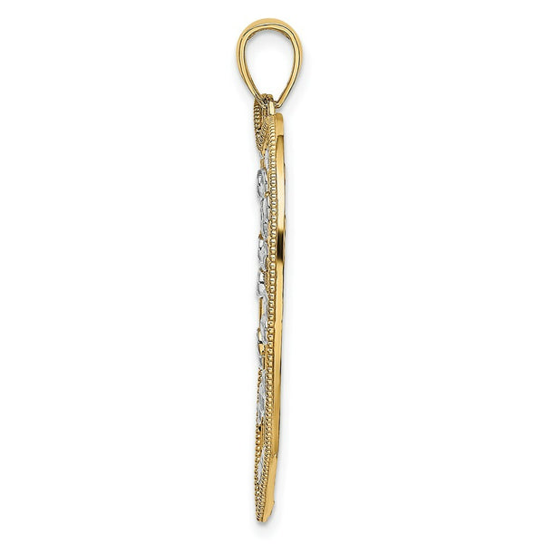 14K Yellow Gold with White Rhodium with Diamond-cut Beaded Heart Charm Pendant