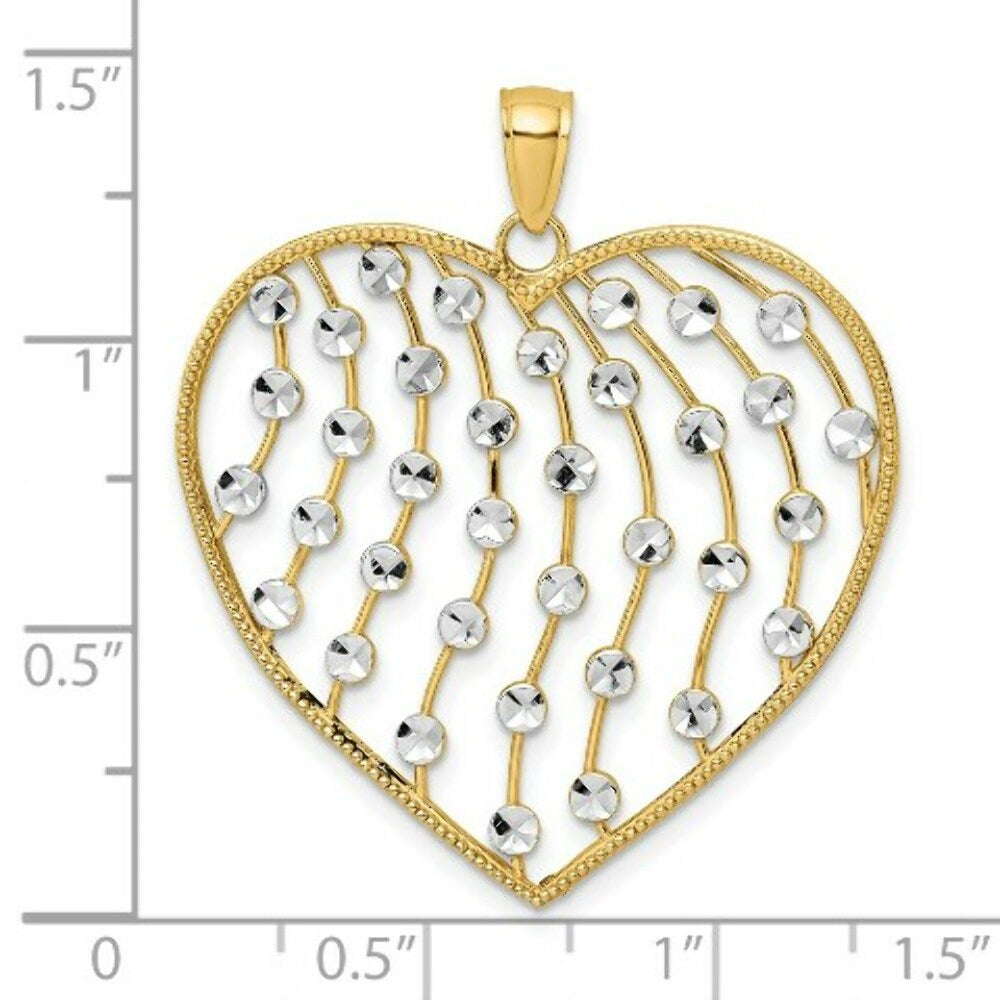14K Yellow Gold with White Rhodium with Diamond-cut Beaded Heart Charm Pendant