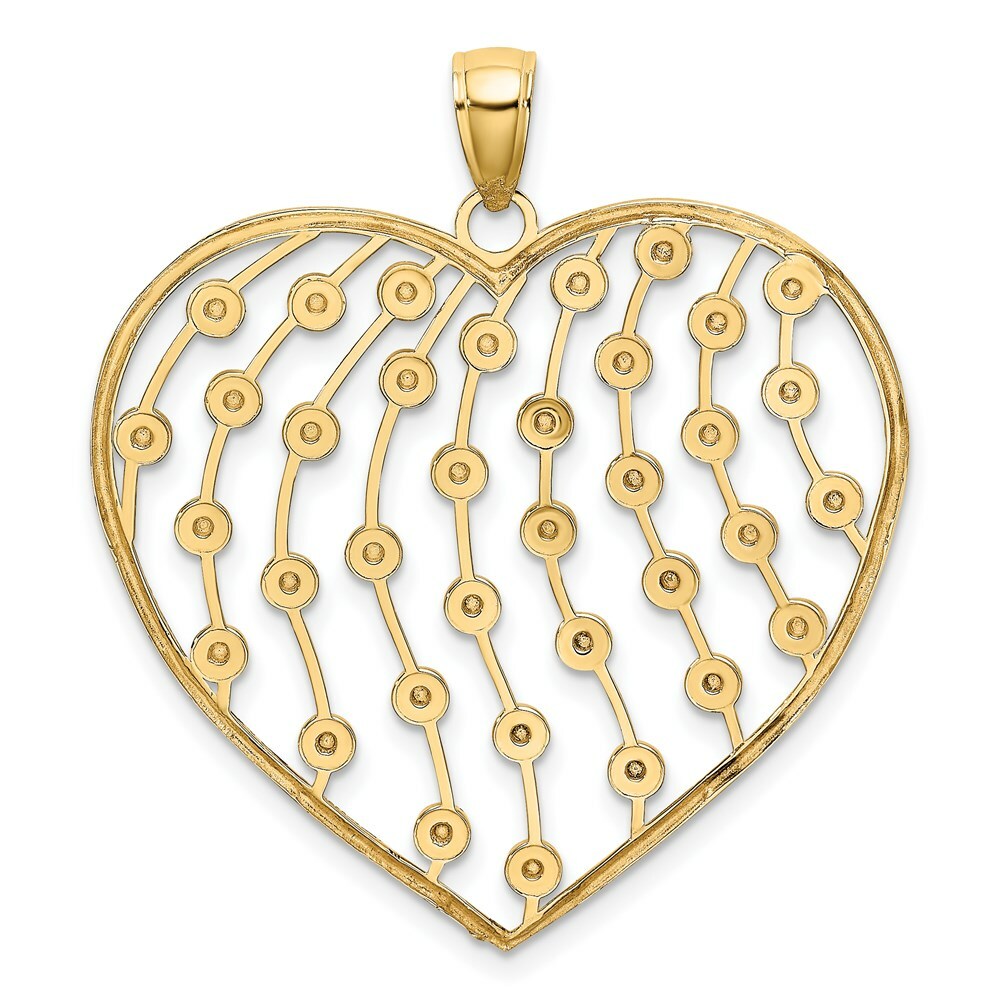 14K Yellow Gold with White Rhodium with Diamond-cut Beaded Heart Charm Pendant