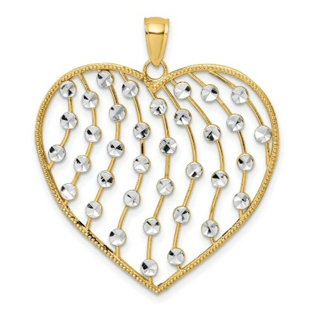 14K Yellow Gold with White Rhodium with Diamond-cut Beaded Heart Charm Pendant