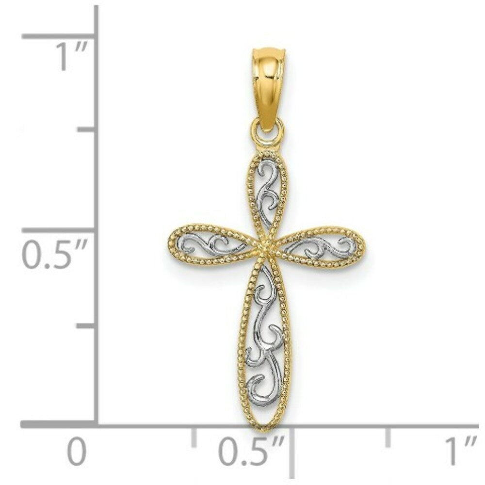14K Yellow Gold with White Rhodium Filigree with Millgrain Cross Charm Pendant