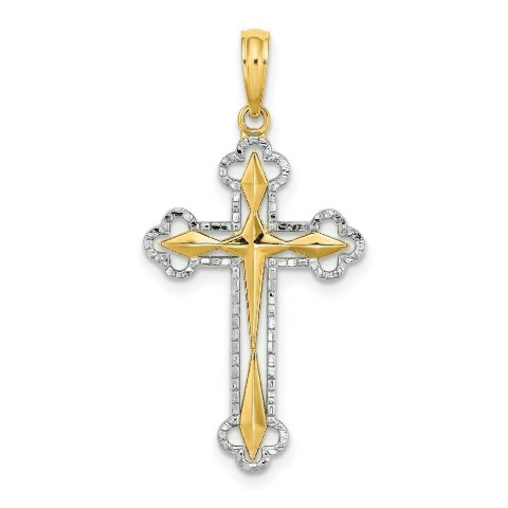 14K Yellow Gold with White Rhodium with Diamond-cut Reversible Cross Charm Pendant
