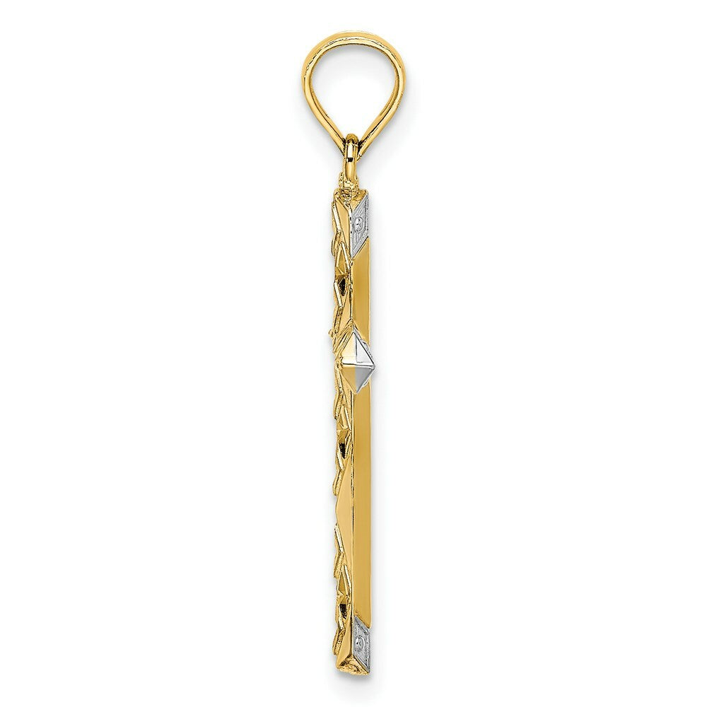 14K Yellow Gold with White Rhodium Diamond-cut Reversible Cross Charm Pendant
