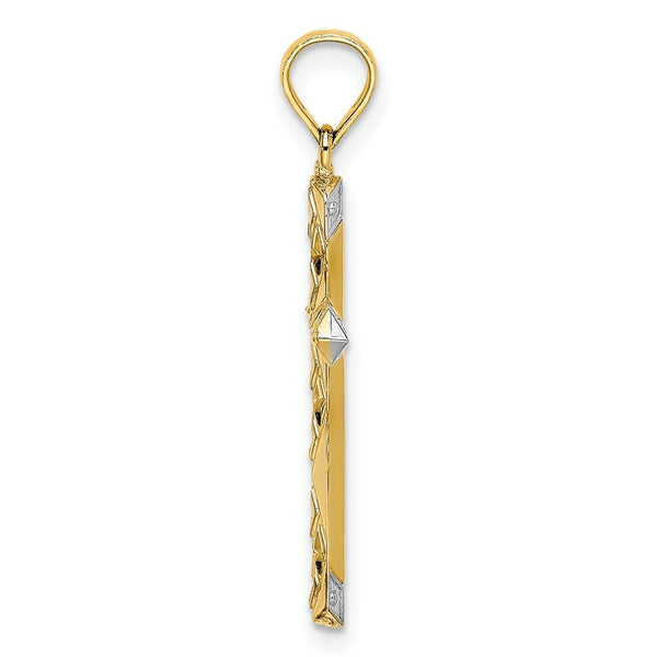 14K Yellow Gold with White Rhodium Diamond-cut Reversible Cross Charm Pendant