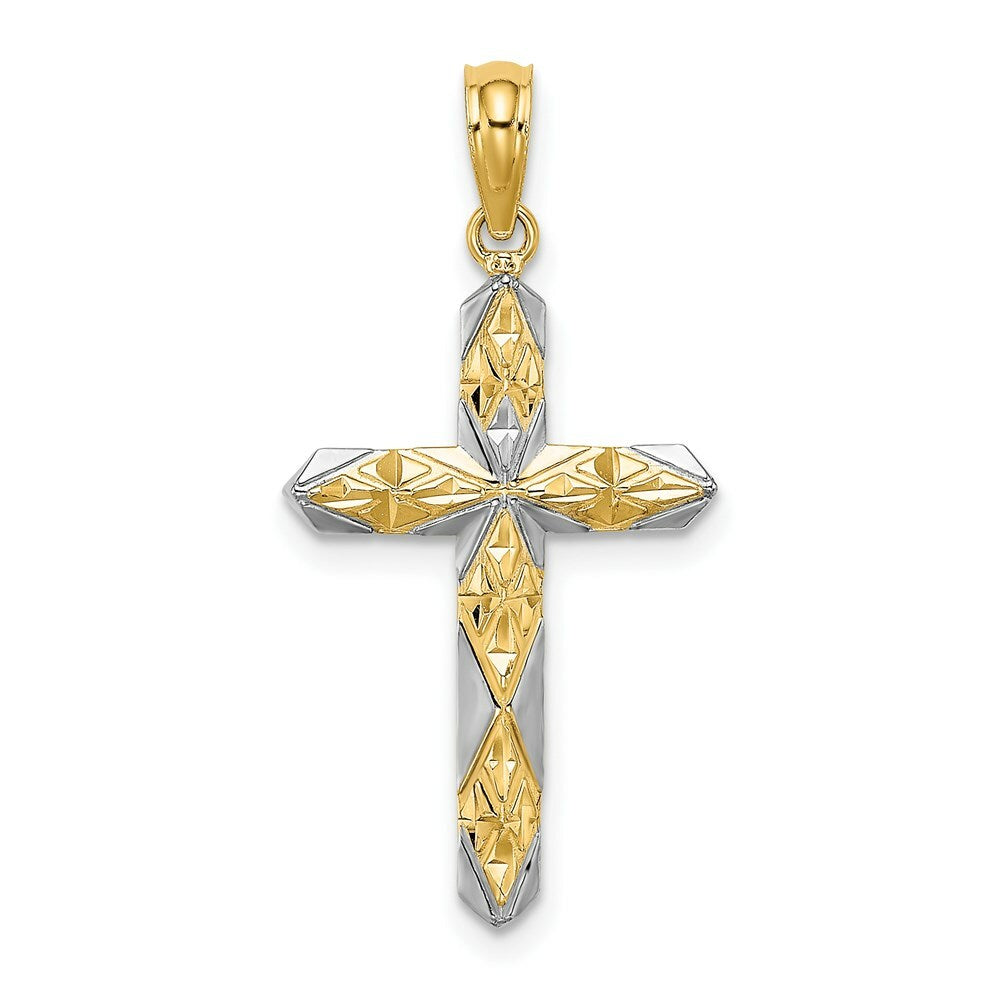 14K Yellow Gold with White Rhodium Diamond-cut Reversible Cross Charm Pendant