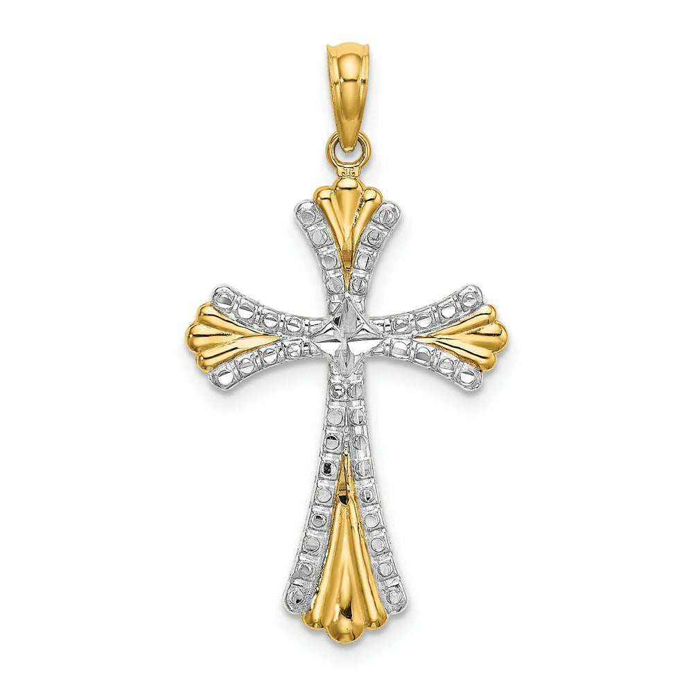 14K Yellow Gold with White Rhodium with Diamond-cut Reversible Cross Charm Pendant