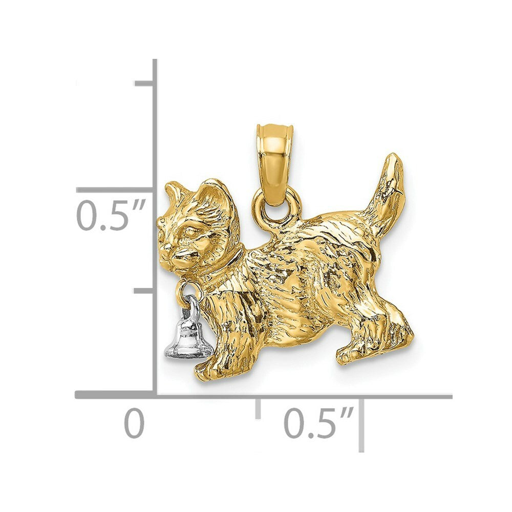 14K Two-tone Gold 3-D Cat Dangling Bell Charm Pendant