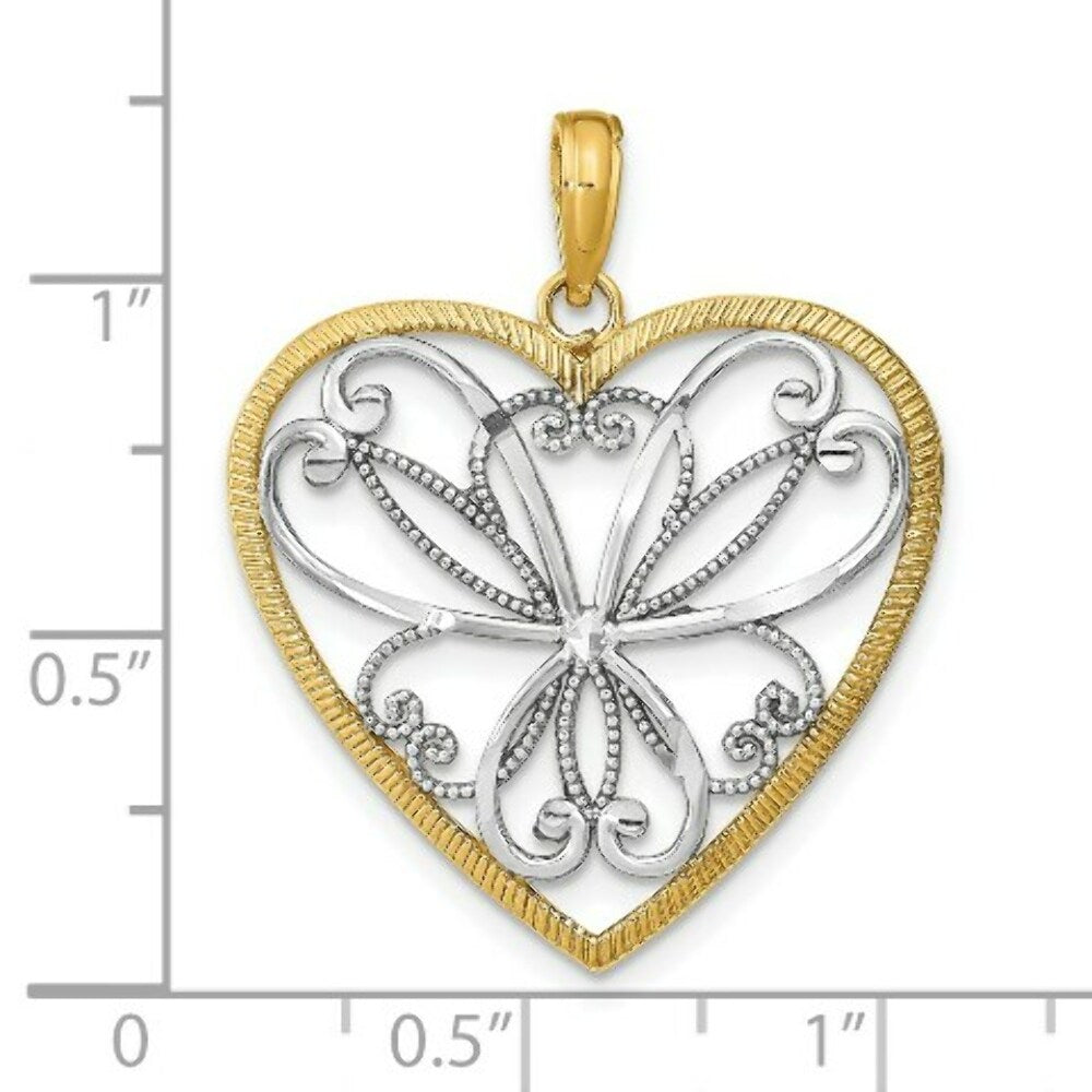 14K Yellow Gold with White Rhodium with Filigree Heart Charm Pendant