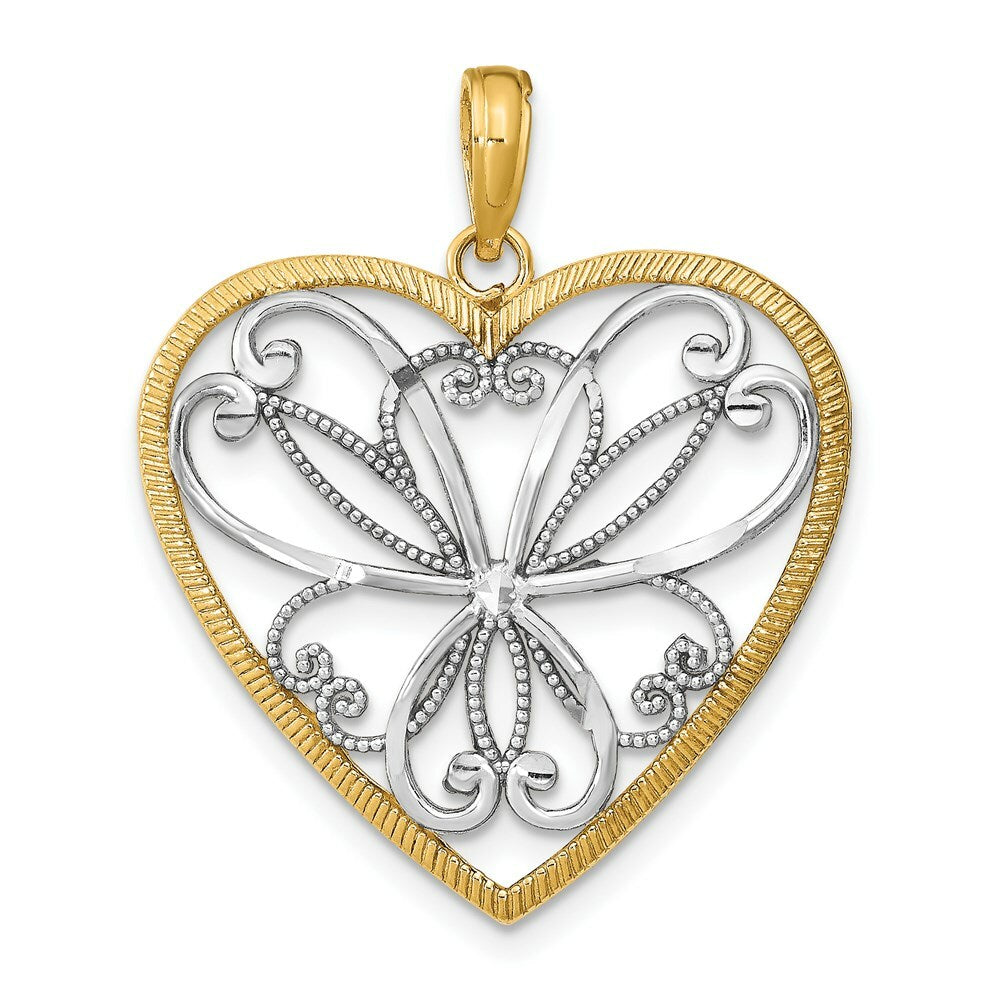 14K Yellow Gold with White Rhodium with Filigree Heart Charm Pendant