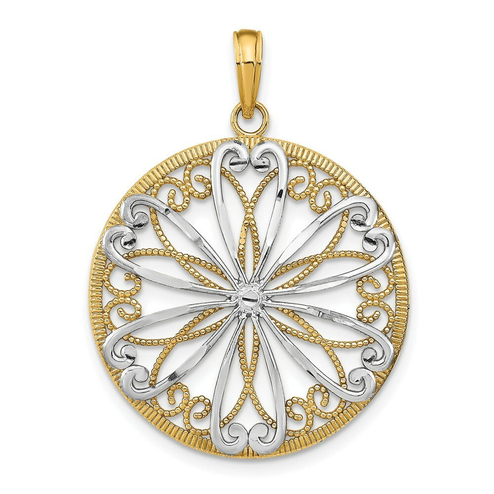 14K Yellow Gold with White Rhodium Filigree Center In Round Frame Charm Pendant