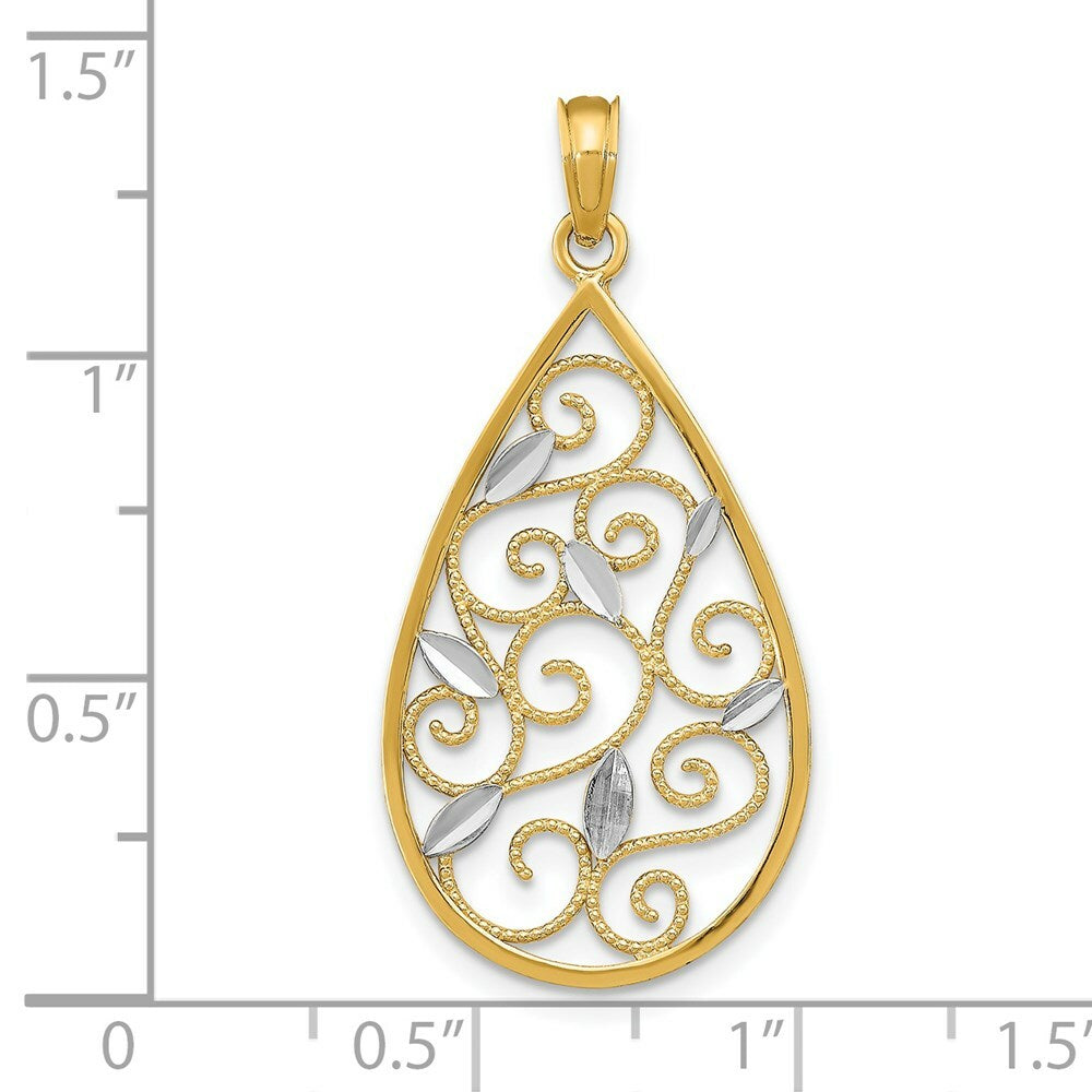14K Yellow Gold with White Rhodium Beaded Filigree with Diamond-cut Teardrop Charm Pendant