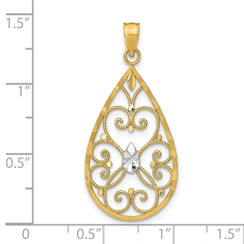 14K Yellow Gold with White Rhodium with Heart Beaded Filigree with Diamond-cut Teardrop Charm Pendant