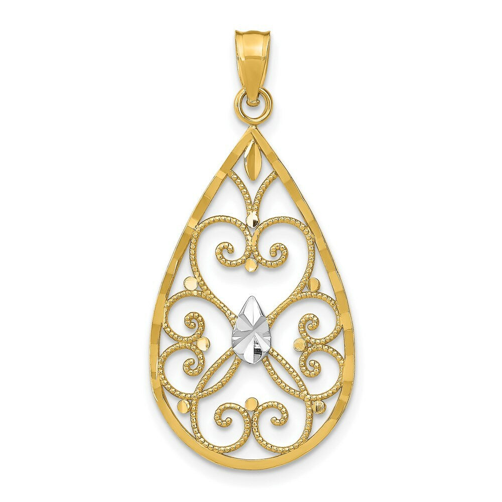 14K Yellow Gold with White Rhodium with Heart Beaded Filigree with Diamond-cut Teardrop Charm Pendant