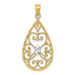 Load image into Gallery viewer, 14K Yellow Gold with White Rhodium with Heart Beaded Filigree with Diamond-cut Teardrop Charm Pendant
