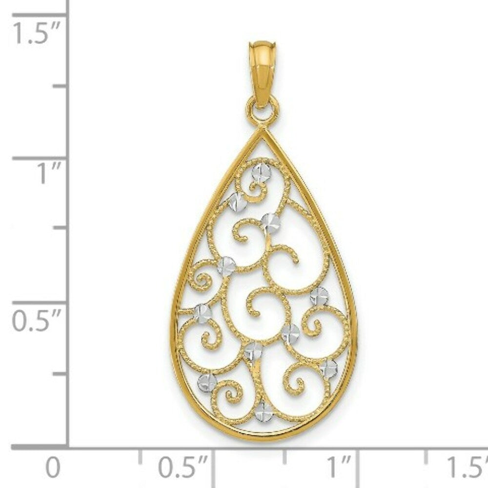 14K Yellow Gold with White Rhodium Beaded Filigree with Diamond-cut Teardrop Charm Pendant