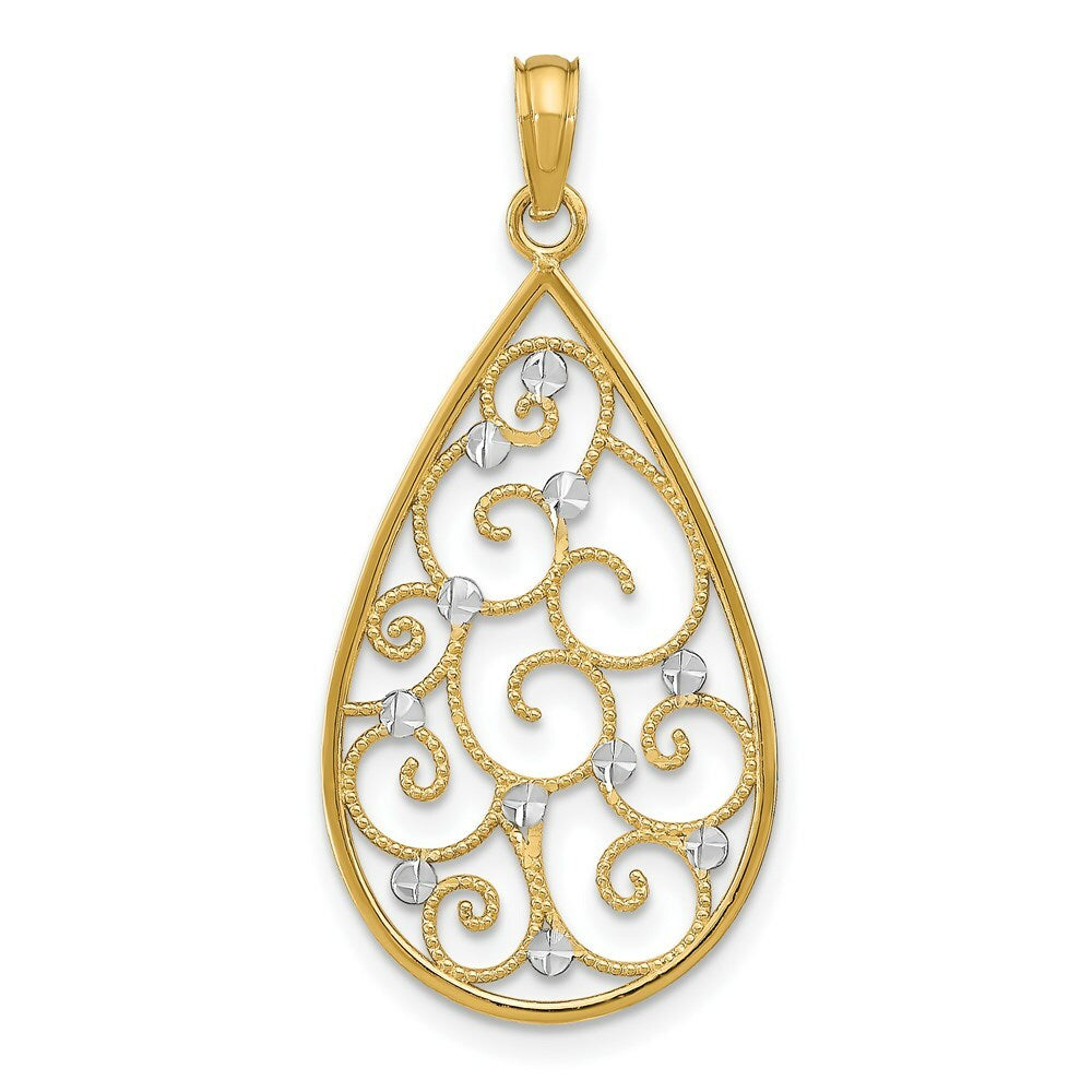 14K Yellow Gold with White Rhodium Beaded Filigree with Diamond-cut Teardrop Charm Pendant