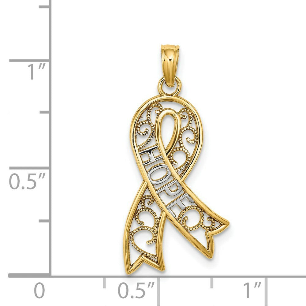 14k Yellow Gold and White Rhodium Filigree Ribbon Hope Charm Pendant