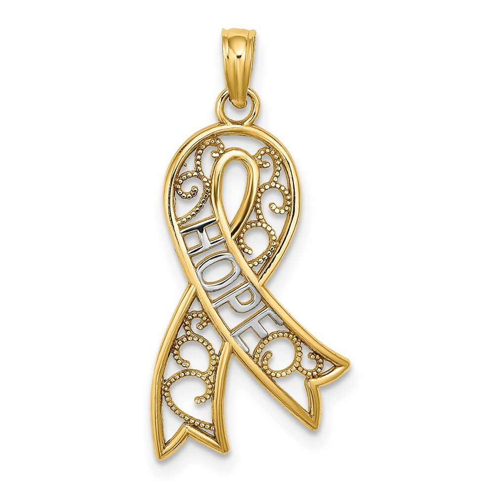14k Yellow Gold and White Rhodium Filigree Ribbon Hope Charm Pendant