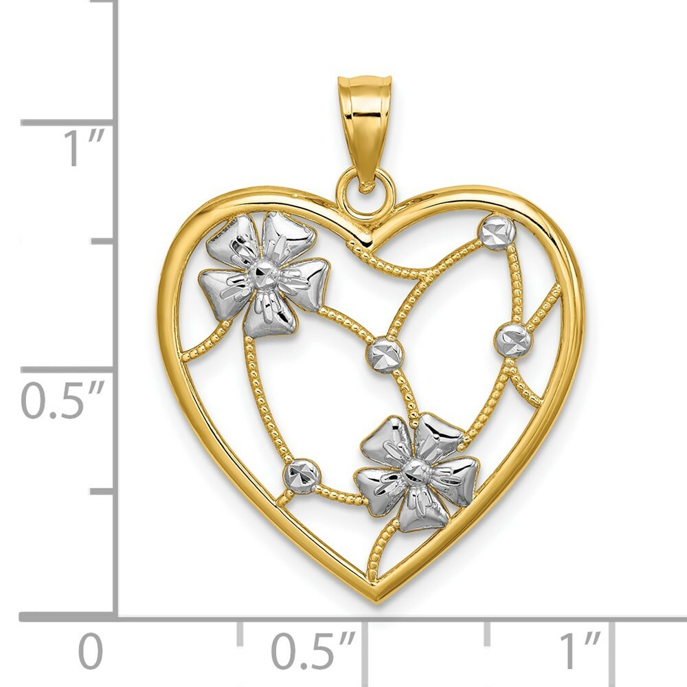 14K Yellow Gold with White Rhodium Flowers In Heart Frame Charm Pendant