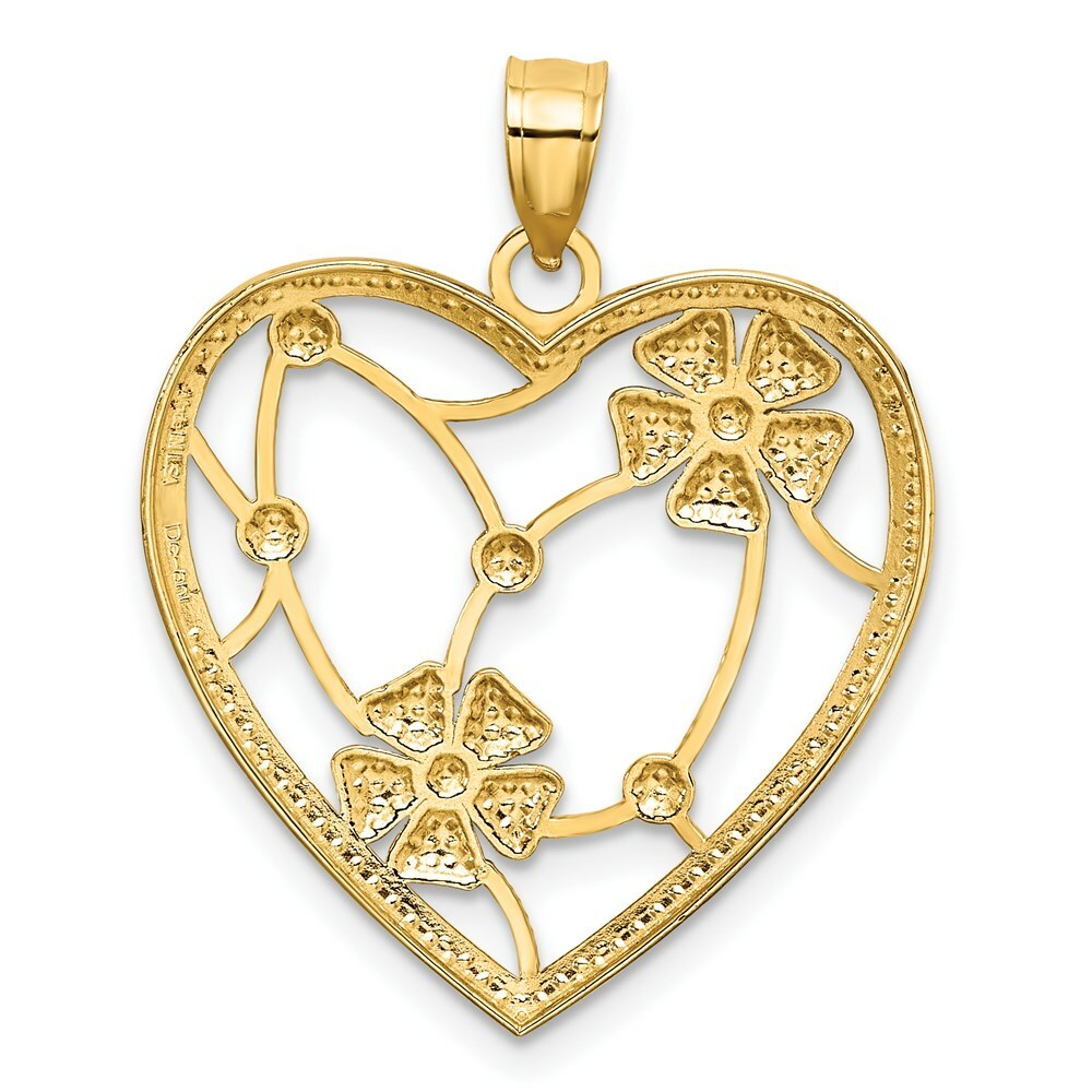 14K Yellow Gold with White Rhodium Flowers In Heart Frame Charm Pendant