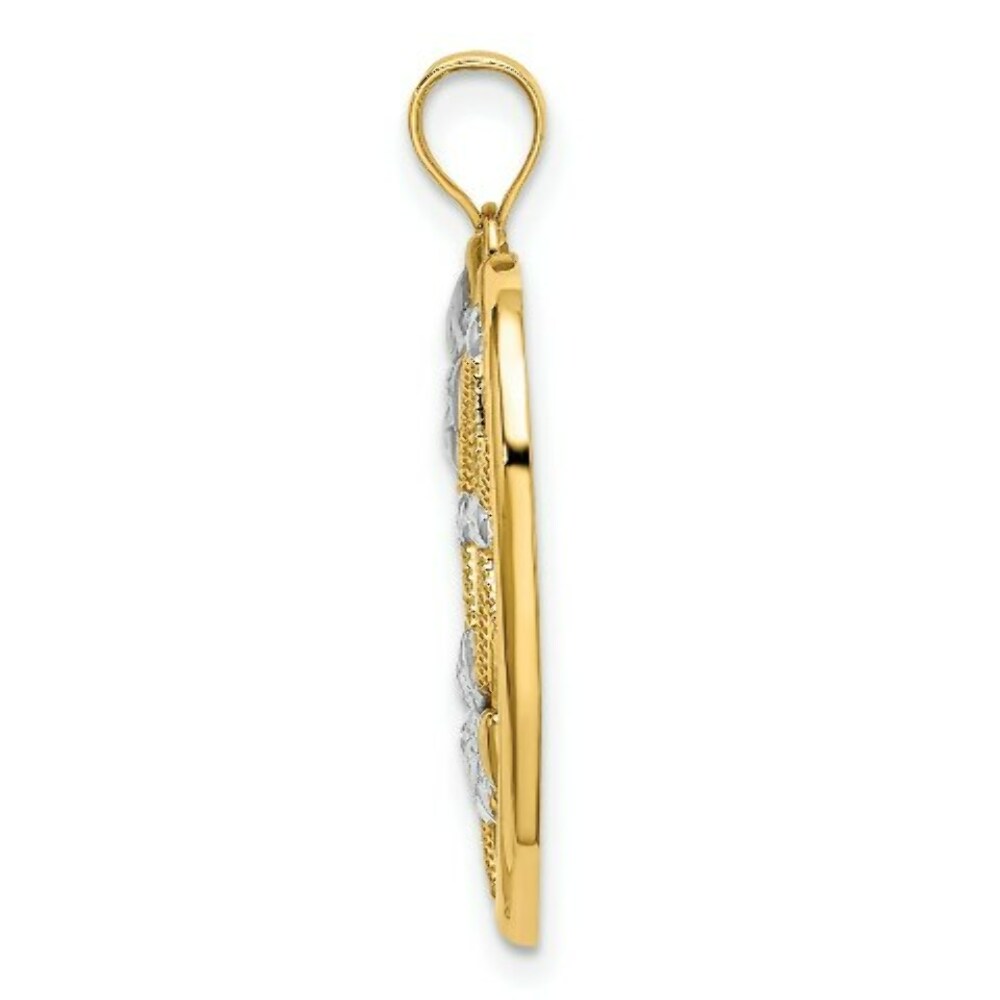 14K Yellow Gold with White Rhodium Flowers In Heart Frame Charm Pendant